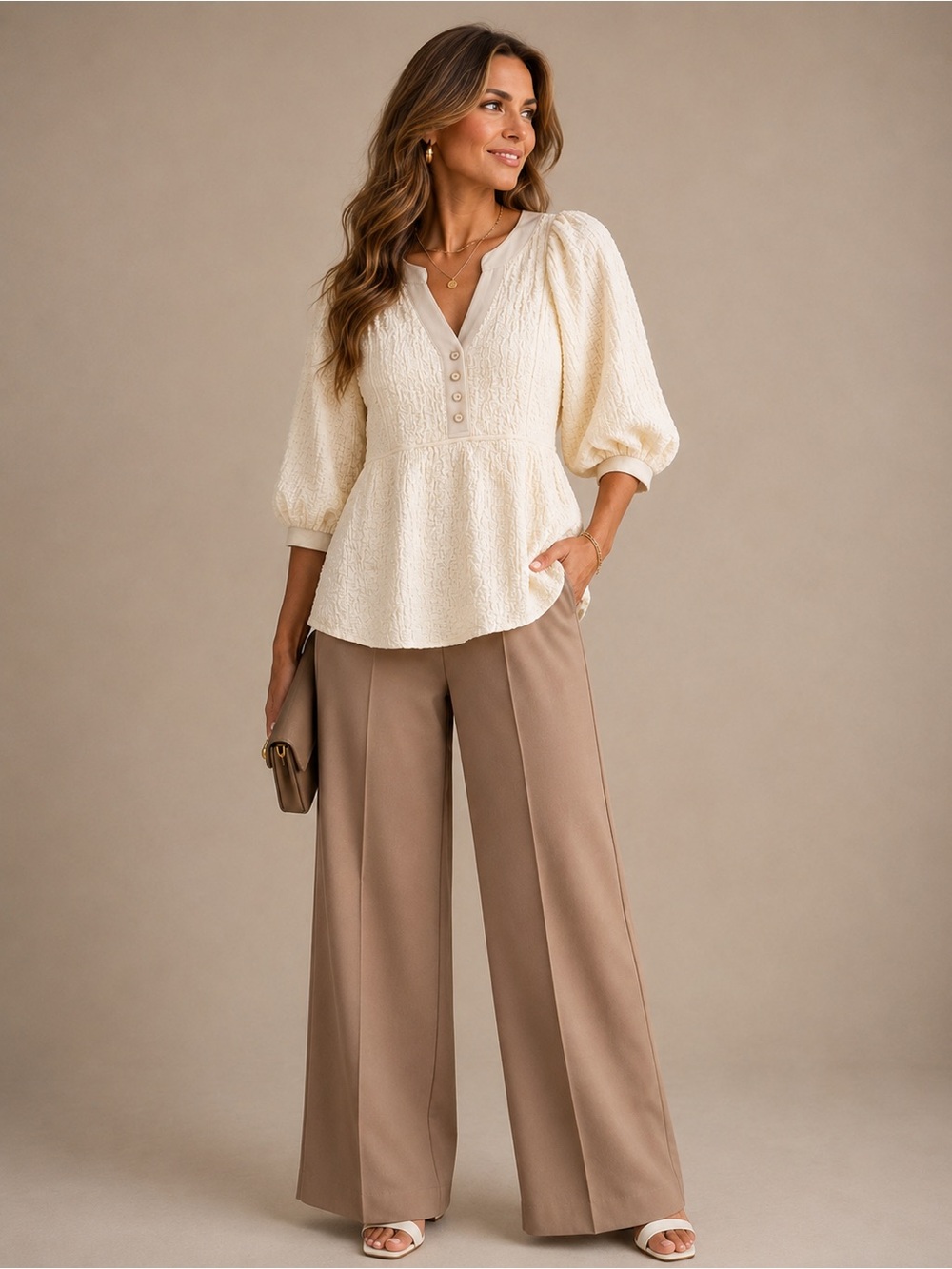 GIGIO Ivory Crinkle Textured Peplum Top - Picture 5 of 7